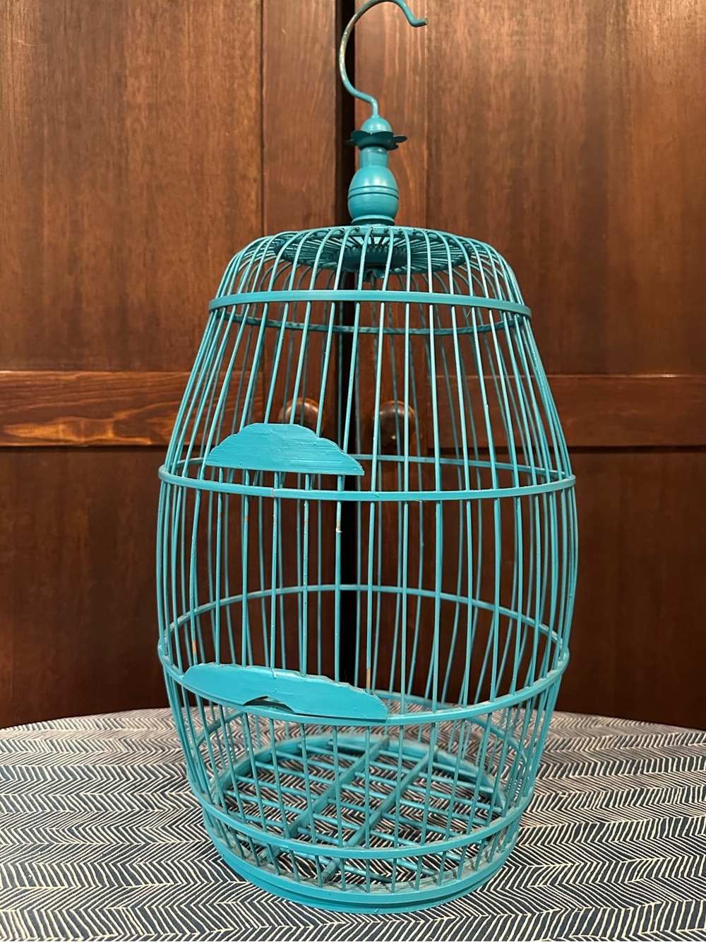 Turquoise bamboo and wood bird cage • metal hanger